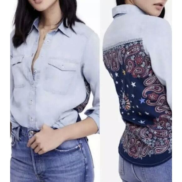Free People Bandit Stars Shirt $128 Blue Chambray Paisley Print Size XS - Picture 1 of 10